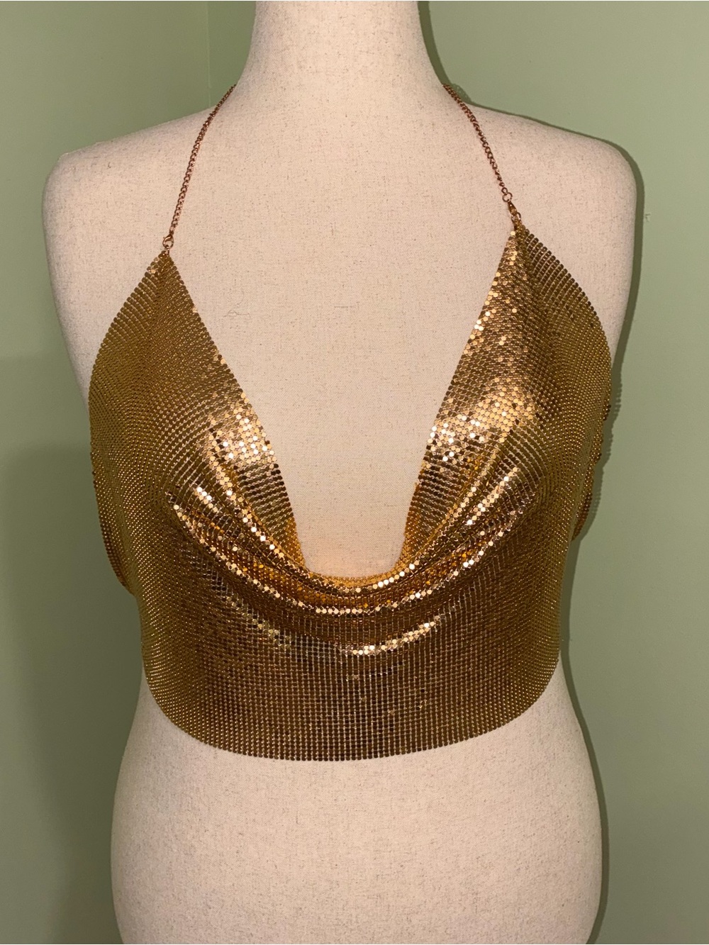 Y2K Gold Metallic Mesh Chainmail Halter Top Backless Party Women’s One Size